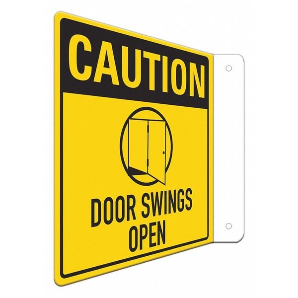 Caution Door Swings Open (w sym), 8 in W x 8 in H, L-Shape Projection, Aluminum, LCFL-0016-RA_8x8, Lyle, Mfr#: LCFL-0016-RA_8x8