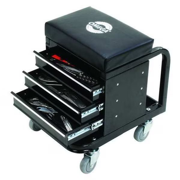 Toolbox Creeper Tool Box Creeper Seat, 3 Drawer, Black, Steel, 14-1/2 in W x 19 in D x 18-1/4 in H, Omega, Mfr#: 92450