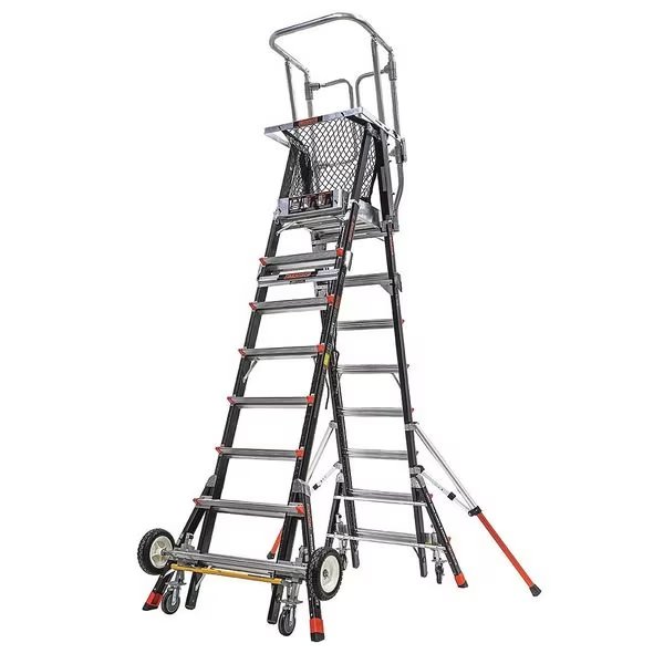8 to 14 ft Fiberglass Adjustable Safety Cage Platform Stepladder, 375 lb Capacity, Little Giant Ladders, Mfr#: 18515-243