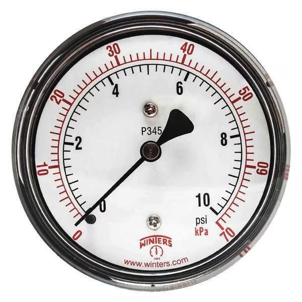 Pressure Gauge, 0 to 10 psi, 1/4 in MNPT, Steel, Black, Winters, Mfr#: PLP345