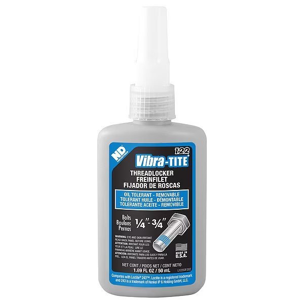 Primerless Threadlocker, VIBRA-TITE 122, Blue, Medium Strength, Liquid, 50 mL, Vibra-Tite, Mfr#: 12250