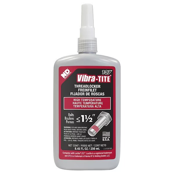 Threadlocker, VIBRA-TITE 137, Red, High Strength, Liquid, 250 mL Bottle, Vibra-Tite, Mfr#: 13725