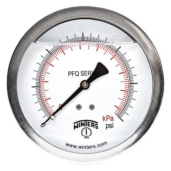 Compound Gauge, -30 to 0 to 30 psi, 1/4 in MNPT, Silver, Winters, Mfr#: PFQ1262