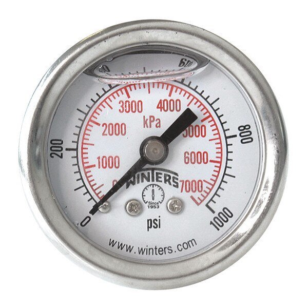 Pressure Gauge, 0 to 5000 psi, 1/8 in MNPT, Silver, Winters, Mfr#: PFQ1233