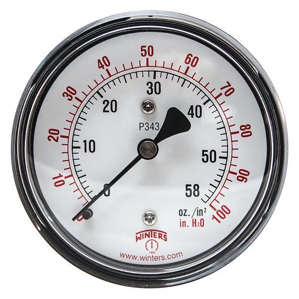 Pressure Gauge, 0 to 100 in wc, 1/4 in MNPT, Black, Winters, Mfr#: PLP343