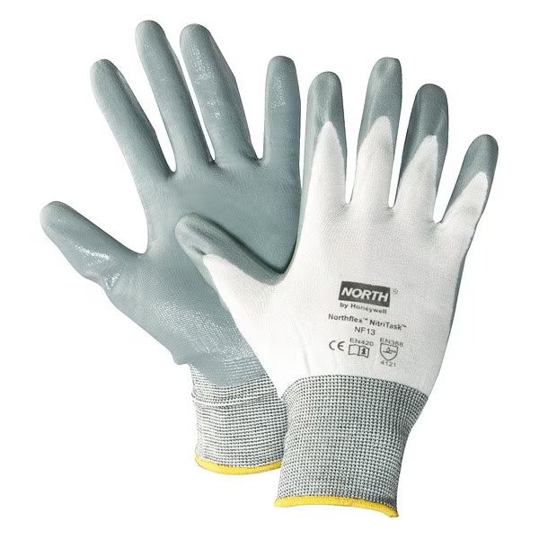 Nitrile Coated Gloves, Palm Coverage, White/Gray, 9, PR, Honeywell North, Mfr#: NF13/9L-H5