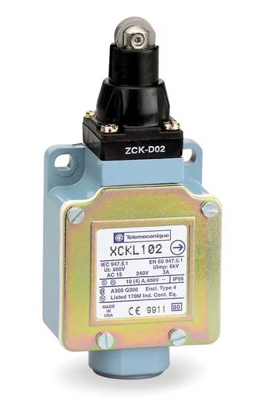 Limit Switch, Plunger, Roller, 1NC/1NO, 10A @ 240V AC, Actuator Location: Top, Telemecanique Sensors, Mfr#: XCKL102H7