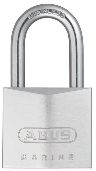 Padlock, Keyed Different, Long Shackle, Rectangular Brass Body, Stainless Steel Shackle, 27/32 in W, Abus, Mfr#: 75IBHB/40 KD