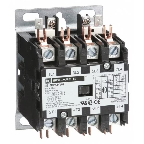 120VAC Non-Reversing Definite Purpose Contactor 4P 40A, Square D, Mfr#: 8910DPA44V02
