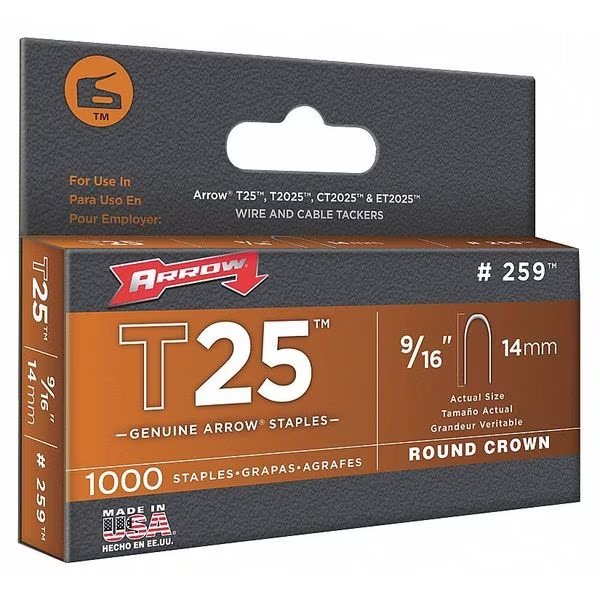 Cable Staples, T25, - ga, Round Crown, 9/16 in Leg L, Steel, 1100 PK, Arrow Fastener, Mfr#: 259