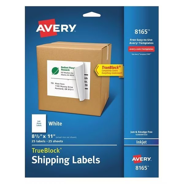 Avery® Shipping Labels with TrueBlock® Technology for Inkjet Printers 8165, 8-1/2" x 11", 25 Labels, Avery, Mfr#: 727828165