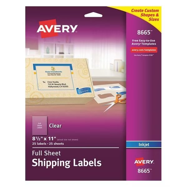 Avery® Clear Full-Sheet Shipping Labels for Inkjet Printers 8665, 8-1/2" x 11", Pack of 25, Avery, Mfr#: 727828665