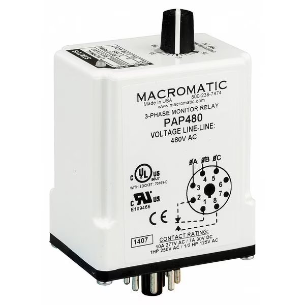 3 Phase Monitor Relay, SPDT, 240VAC, 8 Pin, Macromatic, Mfr#: PAP240