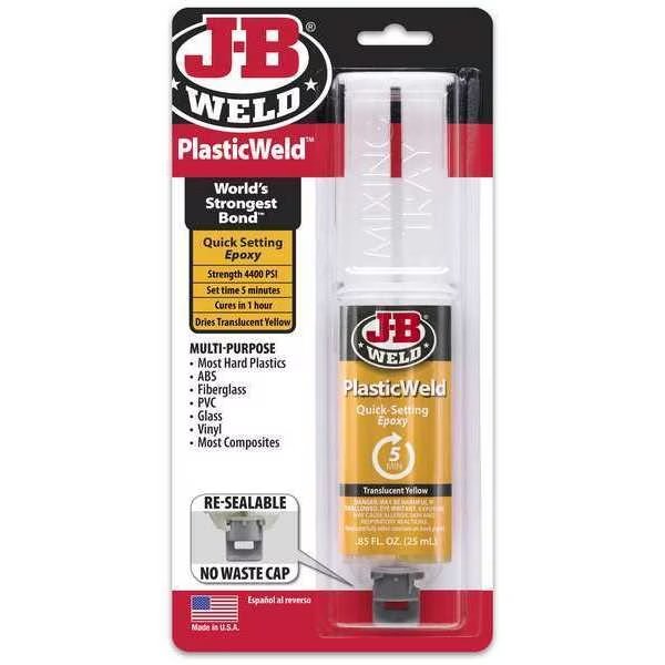 Epoxy Adhesive, PlasticWeld Series, Tan, Syringe, 1:01 Mix Ratio, 1 hr Functional Cure, J-B Weld, Mfr#: 50132