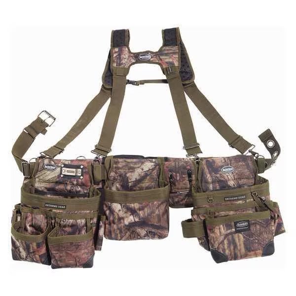 Tool Belt, Framers Rig, 3 Bag, Mossy Oak Camo, Mossy Oak camo, 1680 Heavy Duty Poly Fabric, 29 Pockets, Bucket Boss, Mfr#: 55185-MOSC