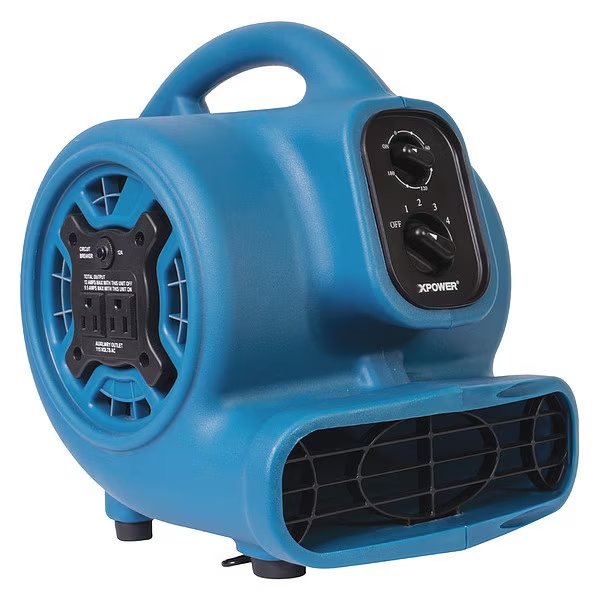 1/4 HP, 925 CFM, 2.3 Amps, 4 Positions, 3 Speeds Mini Mighty Air Mover with Power Outlets and 3-Hour Timer, Xpower, Mfr#: P-230AT BLUE