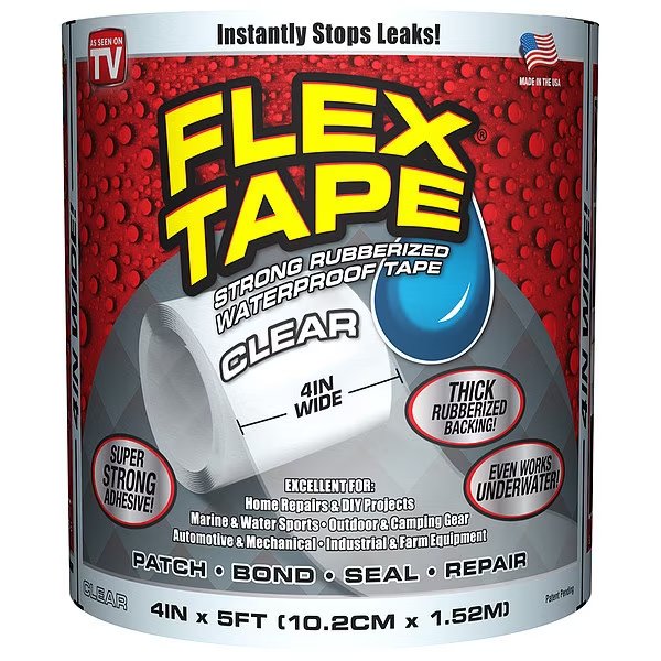 Rubberized Tape, Clear, 4", Flex Seal, Mfr#: TFSCLRR0405