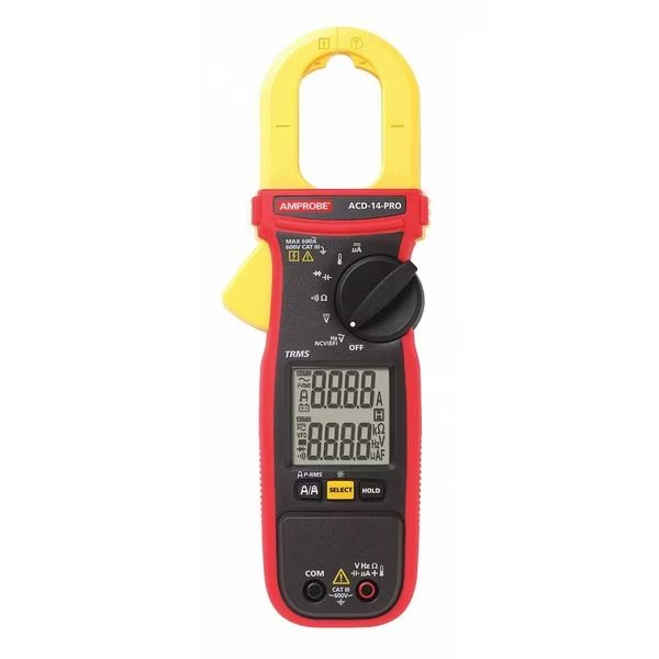 Clamp Meter, Dual LCD, 600 A, 1.1 in (28 mm) Jaw Capacity, Cat III 600V Safety Rating, Amprobe, Mfr#: ACD-14-PRO