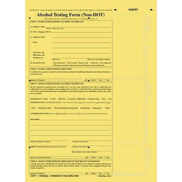 Alcohol Testing Form, Yellow, PK10, Jj Keller, Mfr#: 6363