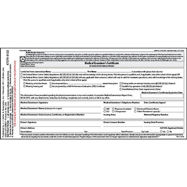 Medical Examination Certificate, English, Jj Keller, Mfr#: 47379