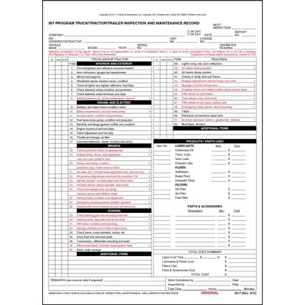 CA Truck/Trailer Inspection Report, PK10, Jj Keller, Mfr#: 2517