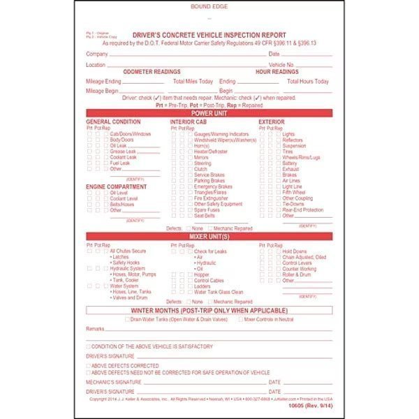Concrete Vehicle Inspection Report, Jj Keller, Mfr#: 10605