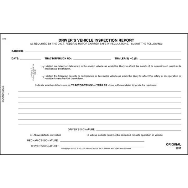 Simplified Vehicle Inspection Report, Jj Keller, Mfr#: 1837