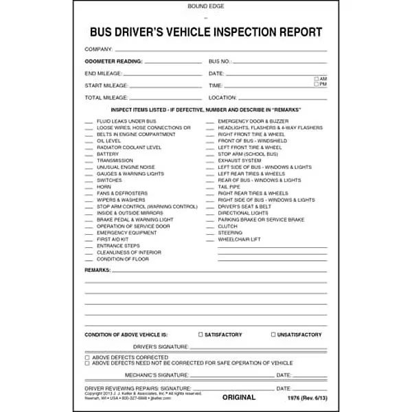 Bus Driver Vehicle Inspection Report, Jj Keller, Mfr#: 1976