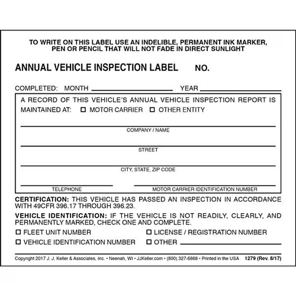 Vehicle Inspection Decal, Carbonless, 2 Plies, Vinyl, 10 Pack, Jj Keller, Mfr#: 1279