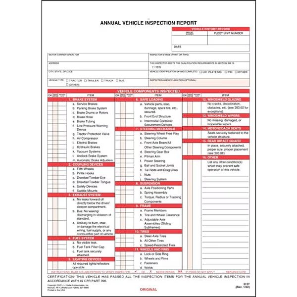 Vehicle Inspection Report, PK10, Jj Keller, Mfr#: 3127