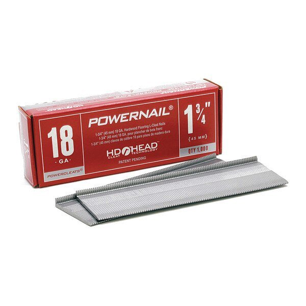 Collated Flooring Nail, 1-3/4 in L, 18 ga, L-Head Head, 1000 PK, Powernail, Mfr#: L17518