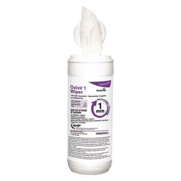 Disinfecting Wipes, White, Canister, 60 Wipes, 8 in x 7 in, Fresh, 12 PK, Diversey, Mfr#: 100850922