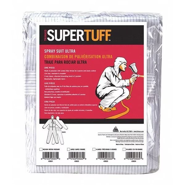 Spray Suit, M, White, 0.5% Carbon Fiber, 99.5% Polyester, 2-Way Zipper, Trimaco, Mfr#: 28031