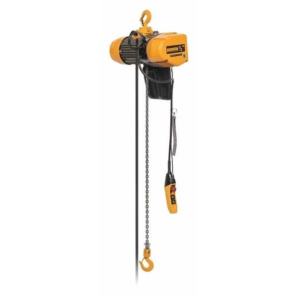 Electric Chain Hoist, 1,000 lb, 20 ft, Hook Mounted - No Trolley, 115V, Yellow, Harrington, Mfr#: SEQ005SD-20