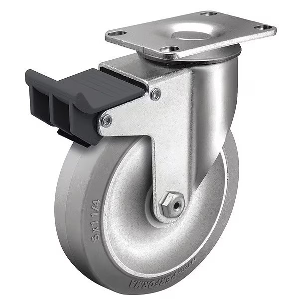 4" X 1-1/4" Non-Marking Rubber Performa (Flat) Swivel Caster, Top Lock Brake, Loads Up To 300 lb, Colson, Mfr#: 2.04256.445 BRK5