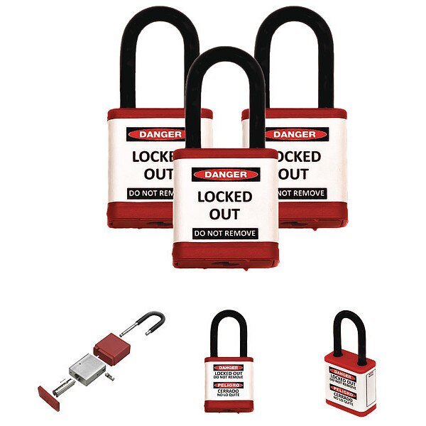 Lockout Padlock, 1-1/2" H Shackle, PK3, Zing, Mfr#: 700KA3-RED