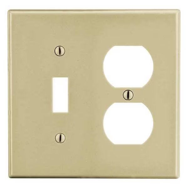 Toggle Switch/Duplex Receptacle Wall Plate, Number of Gangs: 2 Plastic, Smooth Finish, Ivory, Hubbell, Mfr#: P18I