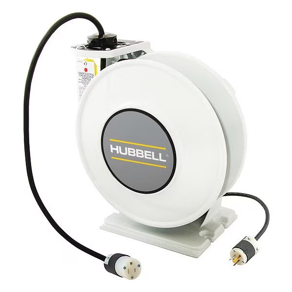 White Industrial Reel with HBL5269C, UL Type 1, 45 Ft, #14/3 SJO, 15 A, 125 VAC, Hubbell Wiring Device-Kellems, Mfr#: HBLI45143C15