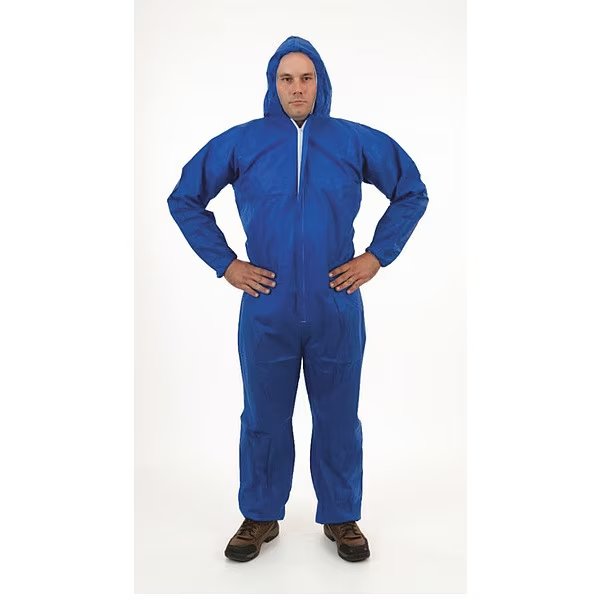 Coverall with hood, XL, Blue, PK25, XL, 25 PK, Blue, SMS, Storm Flap, International Enviroguard, Mfr#: 2225B