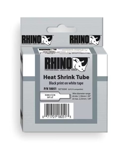 Rhino Continuous Label Roll Cartridge, Single Side, Polyolefin, 1/4 in x 5 ft, Black on White, Gloss, Dymo, Mfr#: 18051