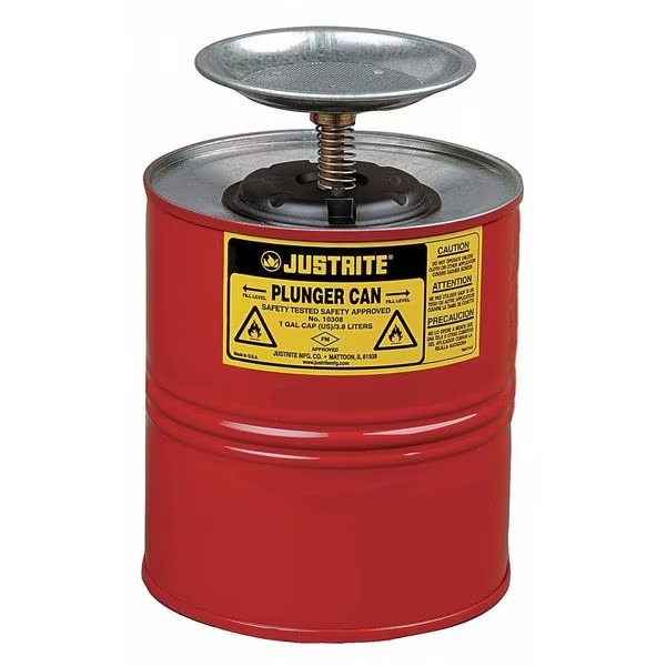 Plunger Can, 1 Gal., Galvanized Steel, Red, Justrite, Mfr#: 10308