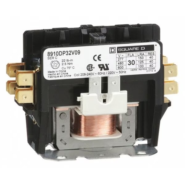 208/240VAC Non-Reversing Definite Purpose Contactor 2P 30A, Hz: 50/60, Square D, Mfr#: 8910DP32V09