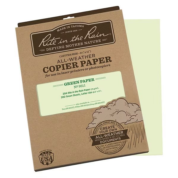 Copier Paper, 8.5x11in, Green, PK200, Rite In The Rain, Mfr#: 9511