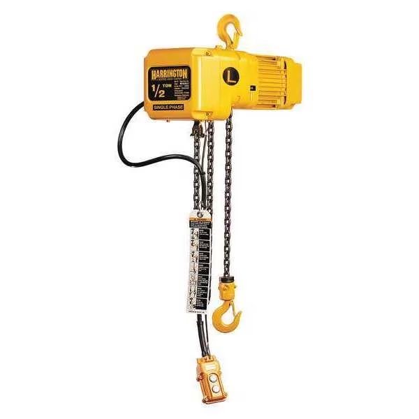 Electric Chain Hoist, 1,000 lb, 20 ft, Hook Mounted - No Trolley, 115/230V, Yellow, Harrington, Mfr#: SNER005S-20