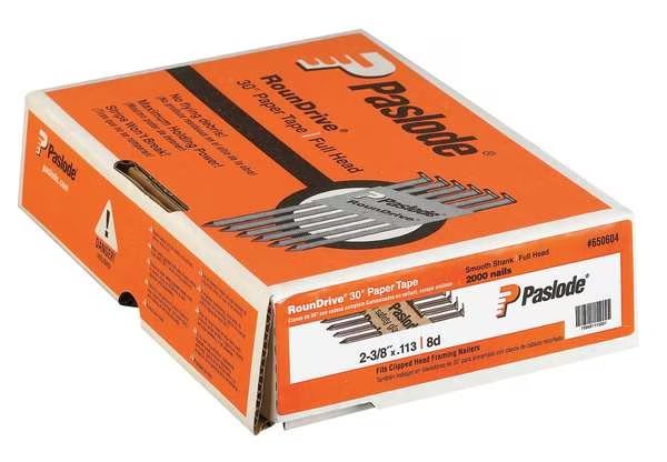 Collated Framing Nail, 2-3/8 in L, Not Applicable, Brite, Offset Round Head, 30 Degrees, 2000 PK, Paslode, Mfr#: 650604