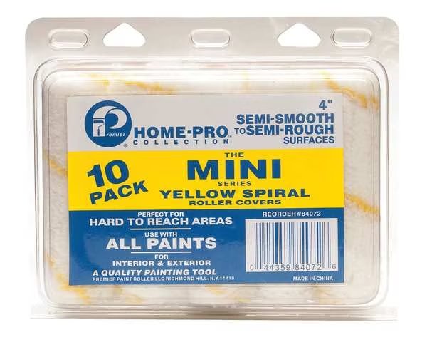 4 in Mini Paint Roller Cover, 1/2 in Nap, Perlon, 10 PK, Premier, Mfr#: 84072