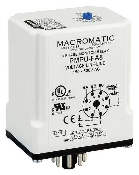 3 Phase Monitor Relay, SPDT, 500VAC, 8 Pin, Macromatic, Mfr#: PMPU-FA8