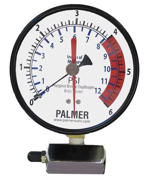 Pressure Gauge, 0 to 6 psi, 3/4 in MNPT, Steel, Painted Black, Wahl, Mfr#: 40KBDLA6#Hg