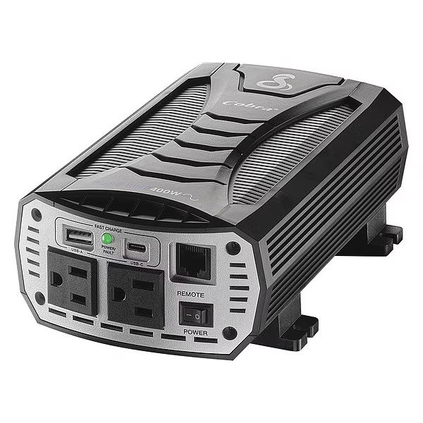 Power Inverter, Pure Sine Wave, 800 W Peak, 400 W Continuous, 4 Outlets, Cobra, Mfr#: CPI400PSW