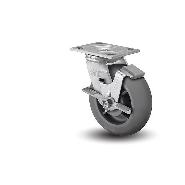 6" X 2" Non-Marking Rubber Soft Round Swivel Caster, Face Brake, Loads Up To 450 lb, Albion, Mfr#: 16XR06201SFBA